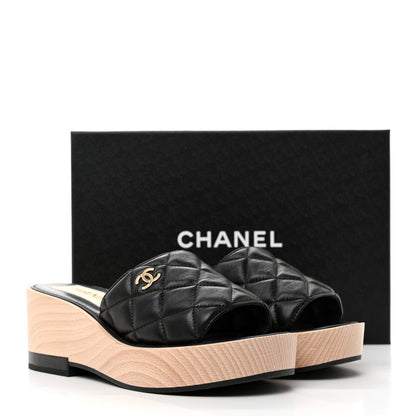 Chanel Lambskin Quilted CC Wedge Sandals 38 Black 10 of 10