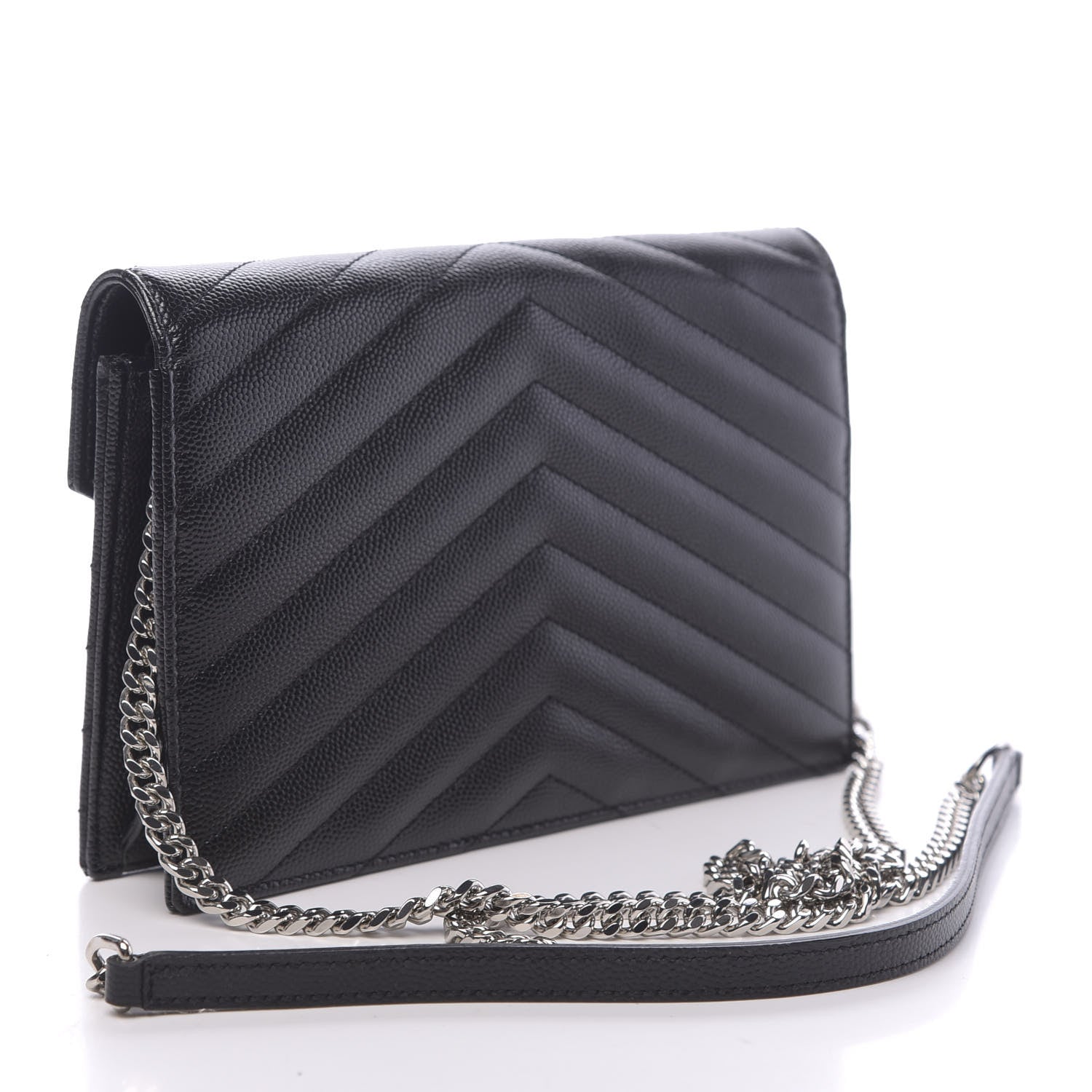 Saint Laurent Grain De Poudre Matelasse Chevron Monogram Envelope Chain Wallet Black 3 of 11