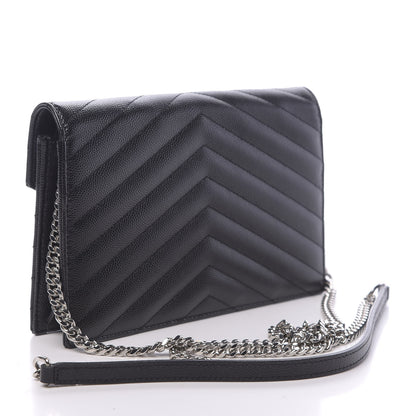 Saint Laurent Grain De Poudre Matelasse Chevron Monogram Envelope Chain Wallet Black 3 of 11
