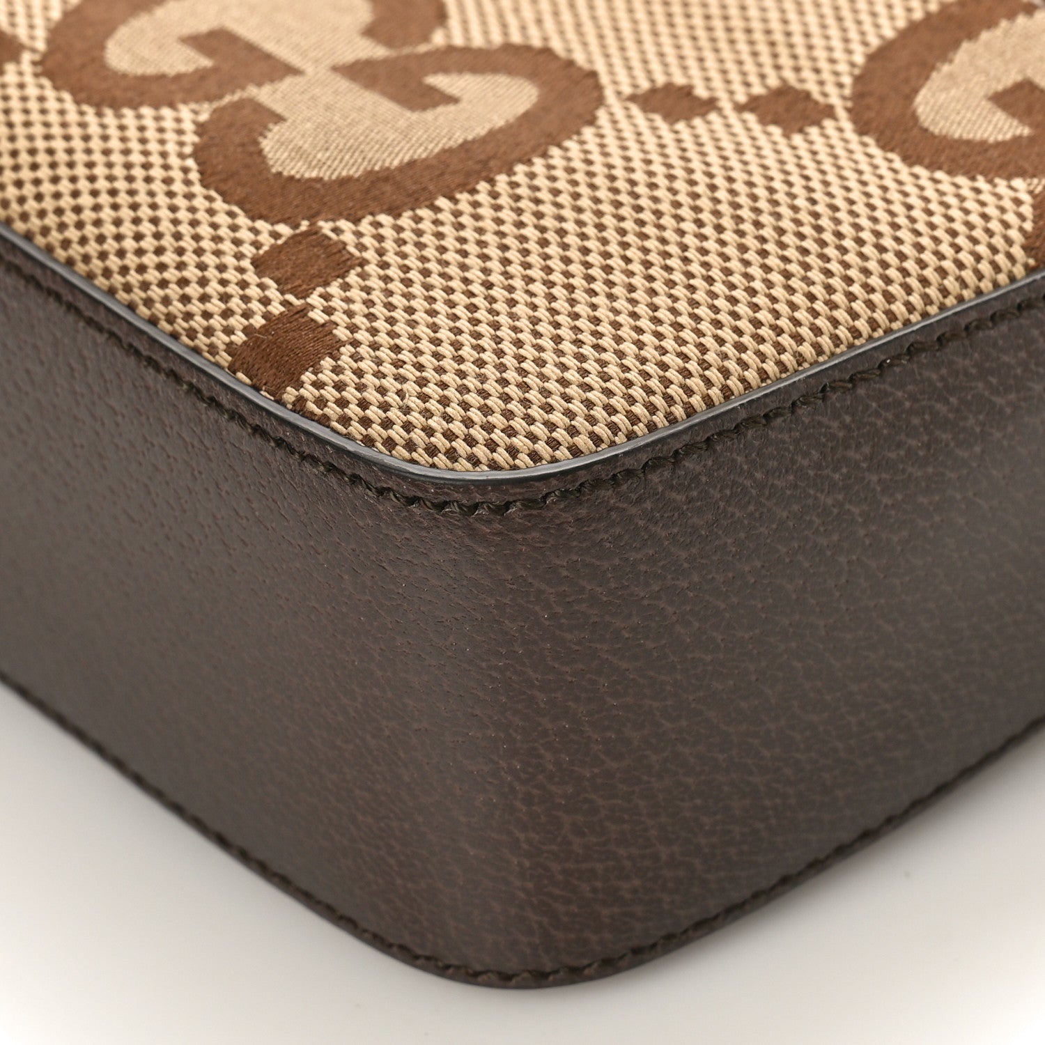 Gucci Monogram Jumbo GG Textured Dollar Calfskin Web Messenger Shoulder Bag Camel Ebony New Acero 7 of 9
