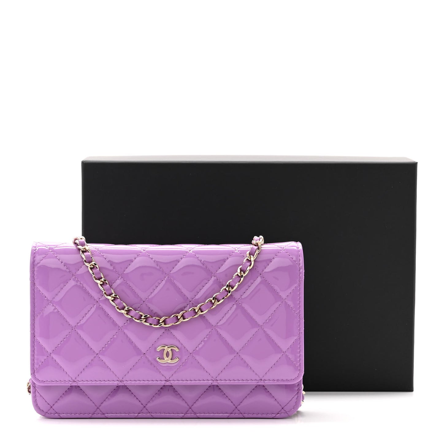 Patent Calfskin Quilted Wallet On Chain WOC Purple