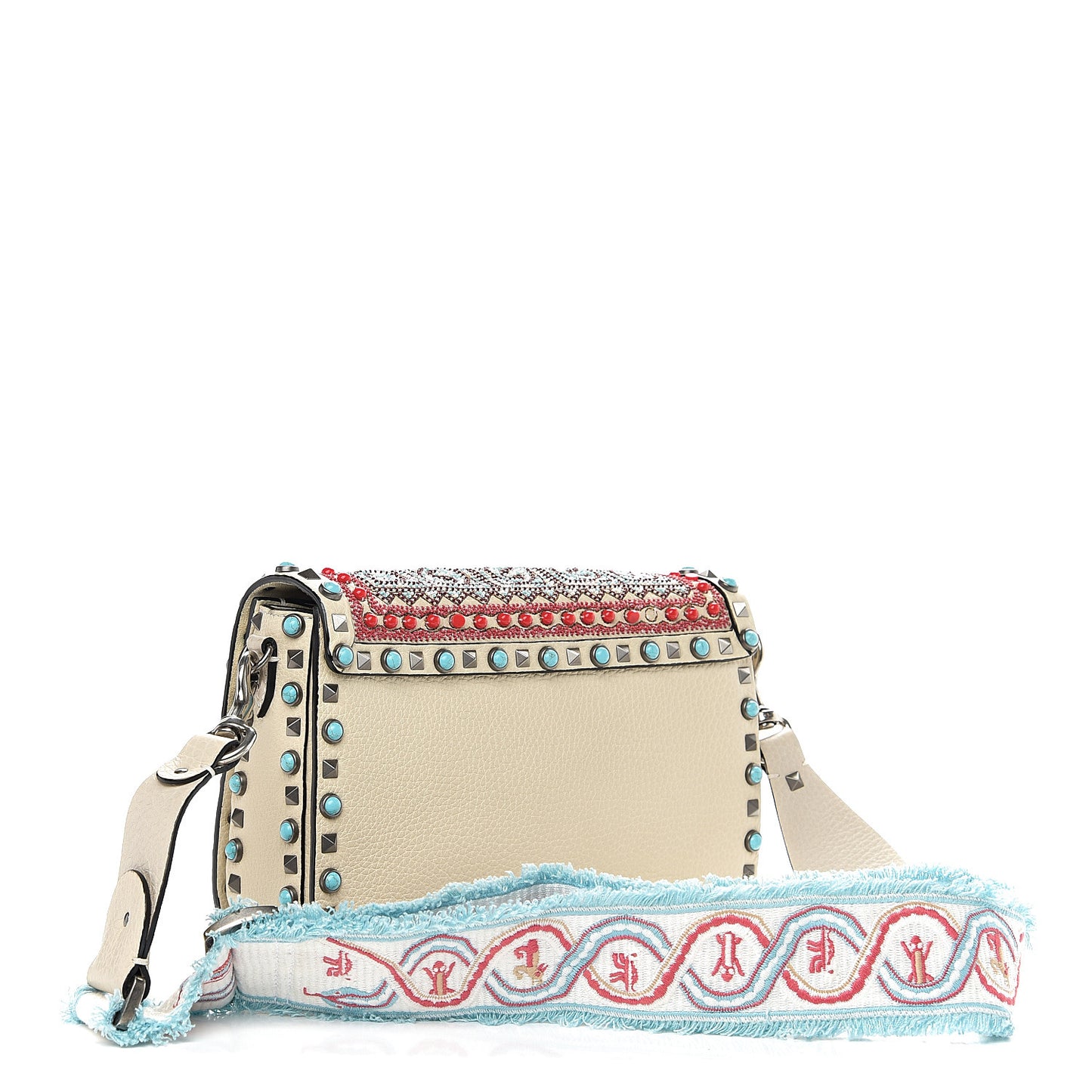 Calfskin Embroidered Medium Guitar Strap Rockstud Rolling Flap Saddle Bag