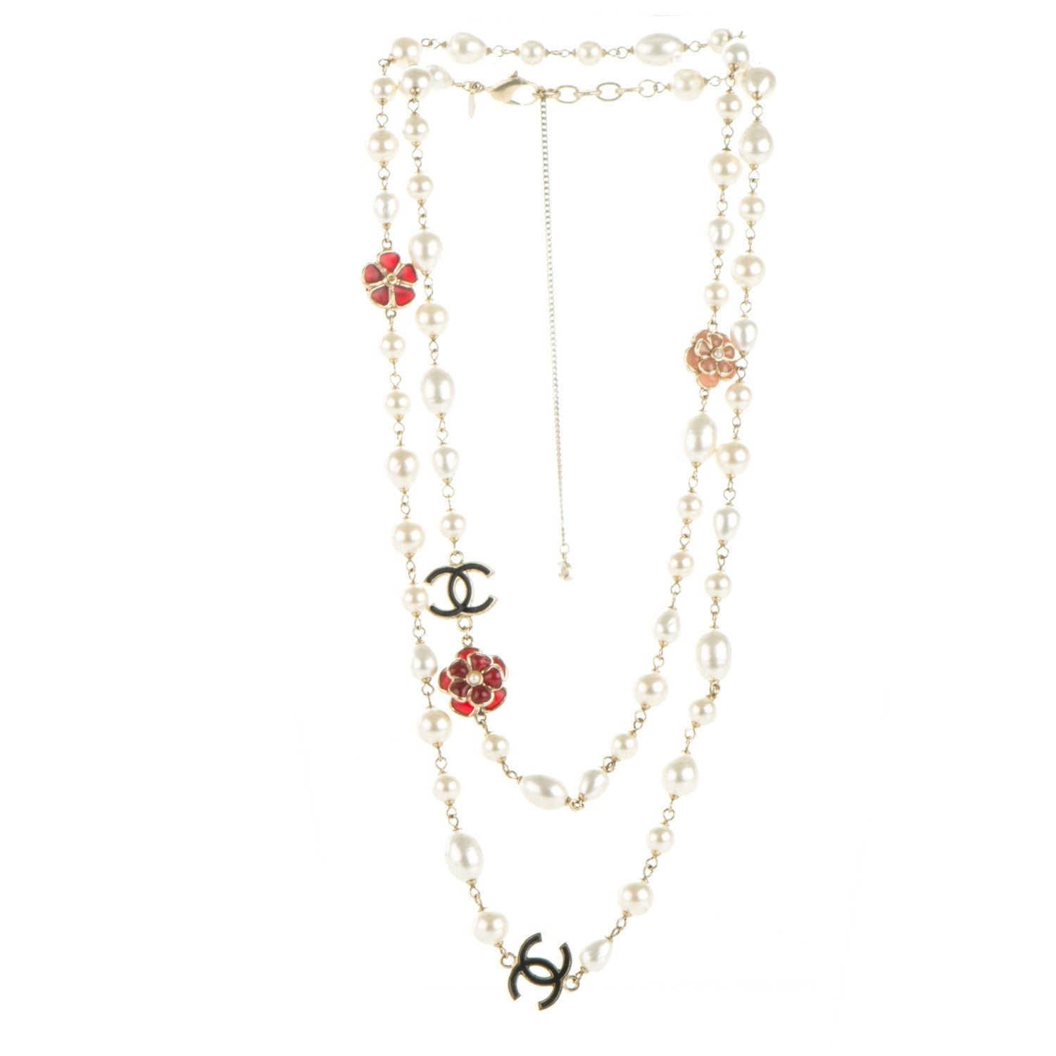 Chanel Pearl Enamel CC Camellia Long Necklace Black Red Gold 3 of 5