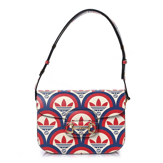 X ADIDAS Shangai Calfskin Web Trefoil Interlocking G Small Horsebit 1955 Shoulder Bag Red White Blue