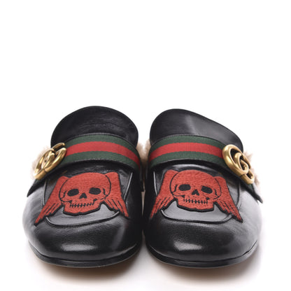 Gucci Goatskin Fur Web GG Skull Embroidered Mens Princetown Slippers 8 Black 2 of 7