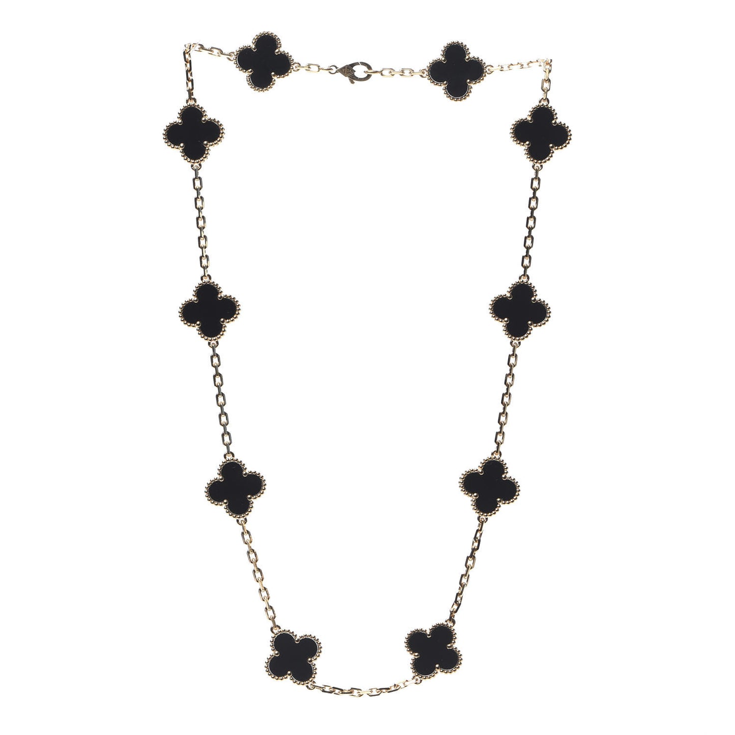 18K Yellow Gold Black Onyx 10 Motifs Vintage Alhambra Necklace