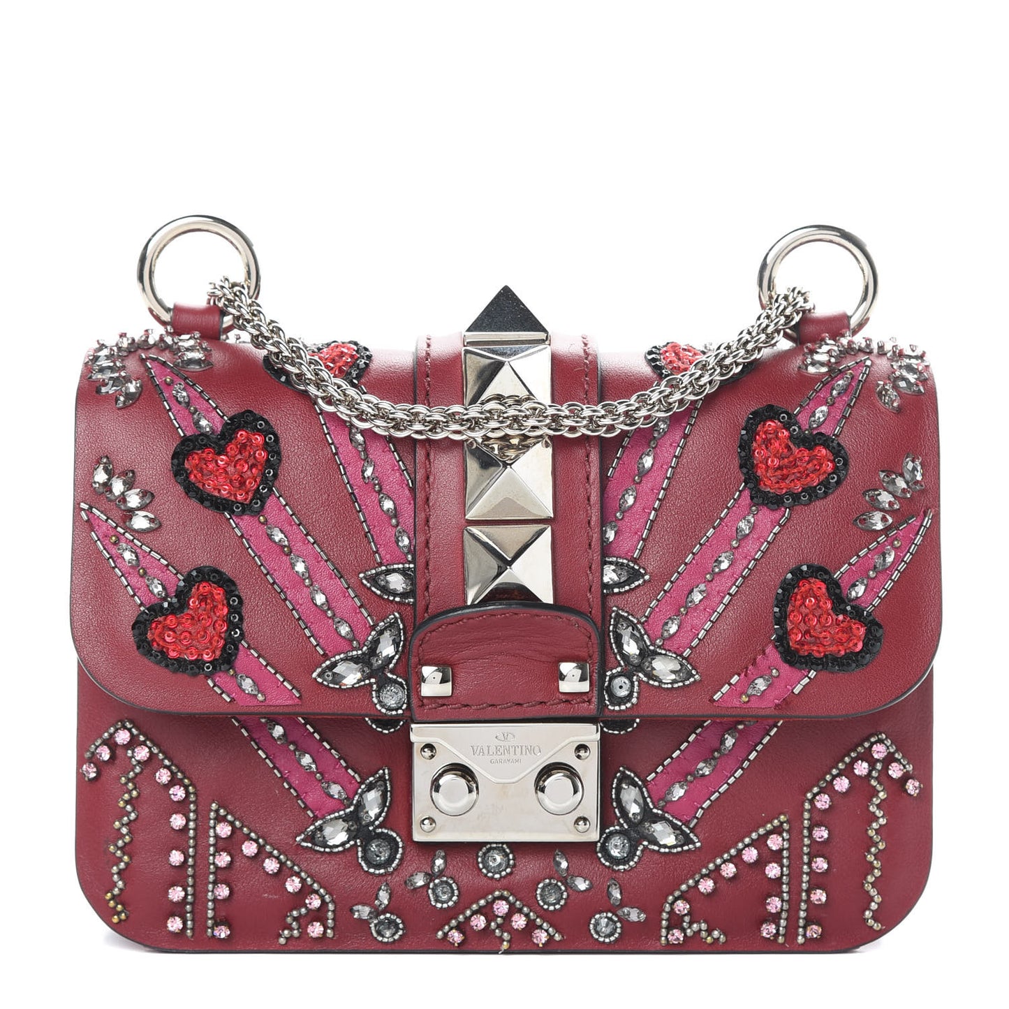 Vitello Crystal Loveblade Embellished Mini Glam Lock Rockstud Flap Rubino