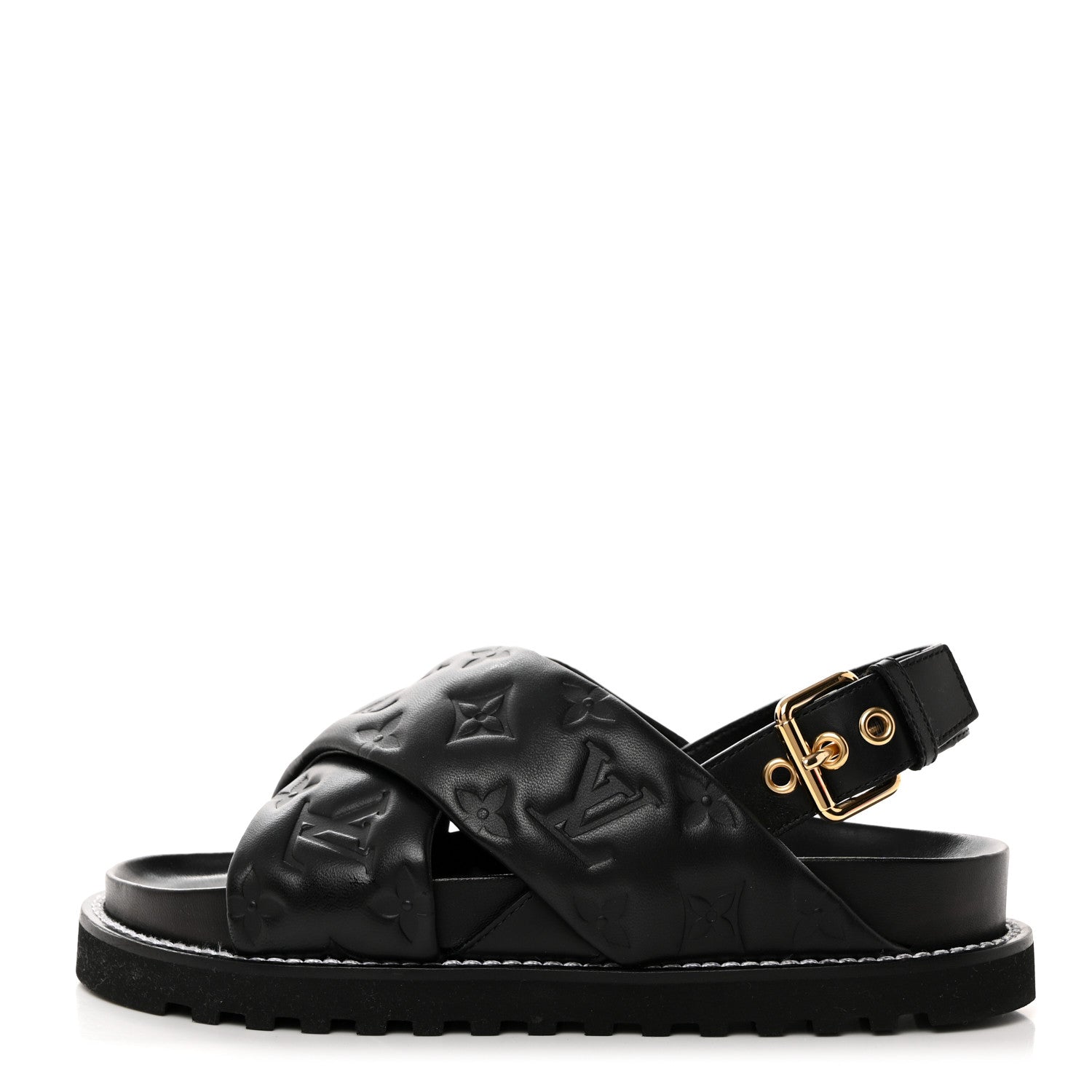Louis Vuitton Lambskin Monogram Embossed Paseo Flat Comfort Sandals 36 Black 1 of 8