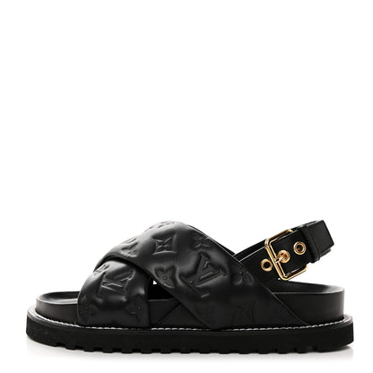Louis Vuitton Lambskin Monogram Embossed Paseo Flat Comfort Sandals 36 Black 1 of 8