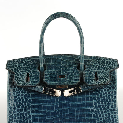 Hermes Shiny Porosus Crocodile Birkin 30 Blue Jean 7 of 32