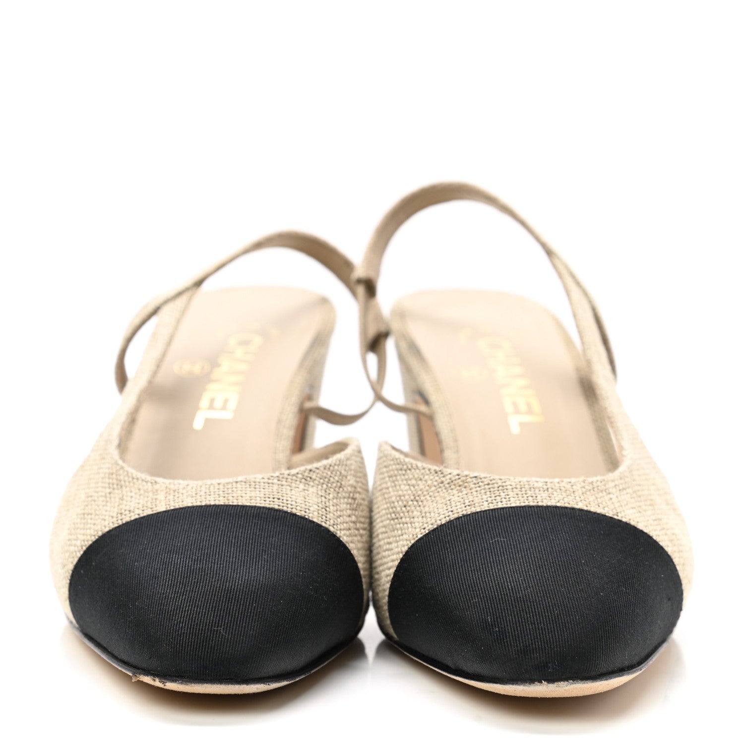 Chanel Fabric Grosgrain Cap Toe CC Slingback Pumps 38.5 Dark Beige Black 2 of 9