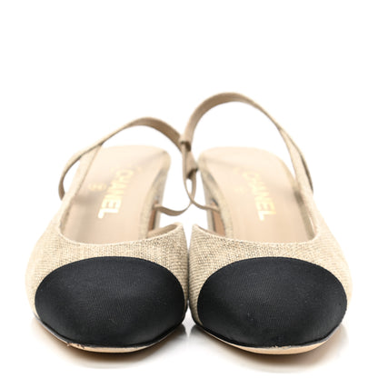 Chanel Fabric Grosgrain Cap Toe CC Slingback Pumps 38.5 Dark Beige Black 2 of 9