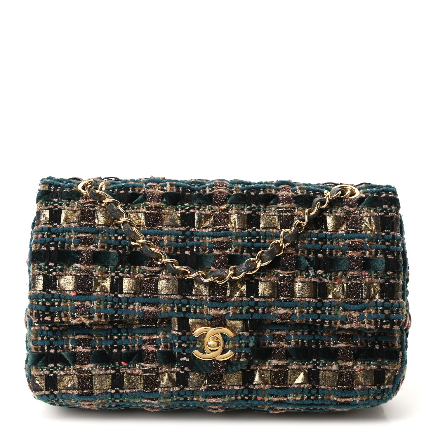 Chanel Tweed Metallic Lambskin Quilted Egyptian Double Flap Multicolor Gold 1 of 10