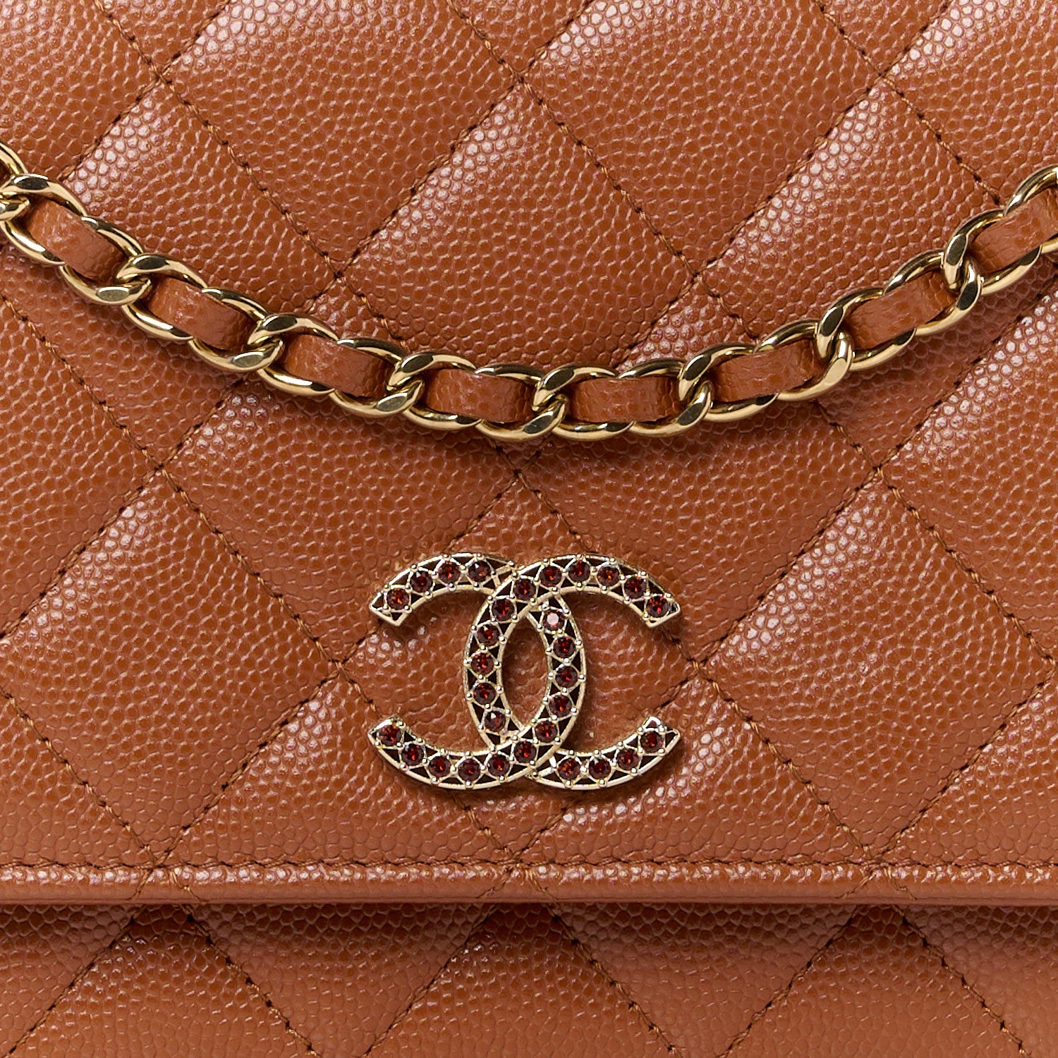 Chanel Shiny Caviar Quilted Strass Wallet On Chain WOC Light Brown 9 of 12
