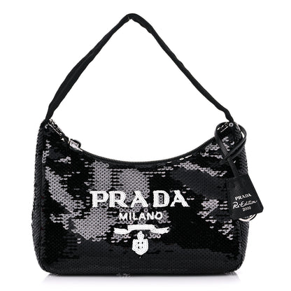 Prada Paillettes Sequin Mini Re-Edition 2000 Bag Black White 1 of 10