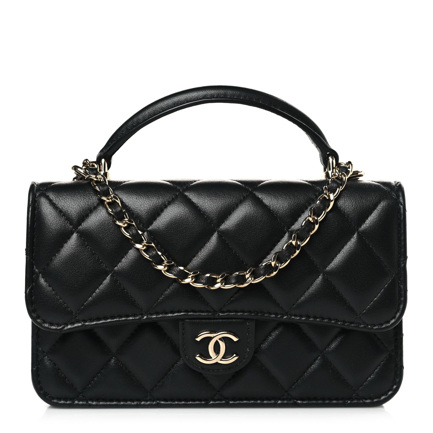 Lambskin Quilted Flap Phone Holder With Chain Black