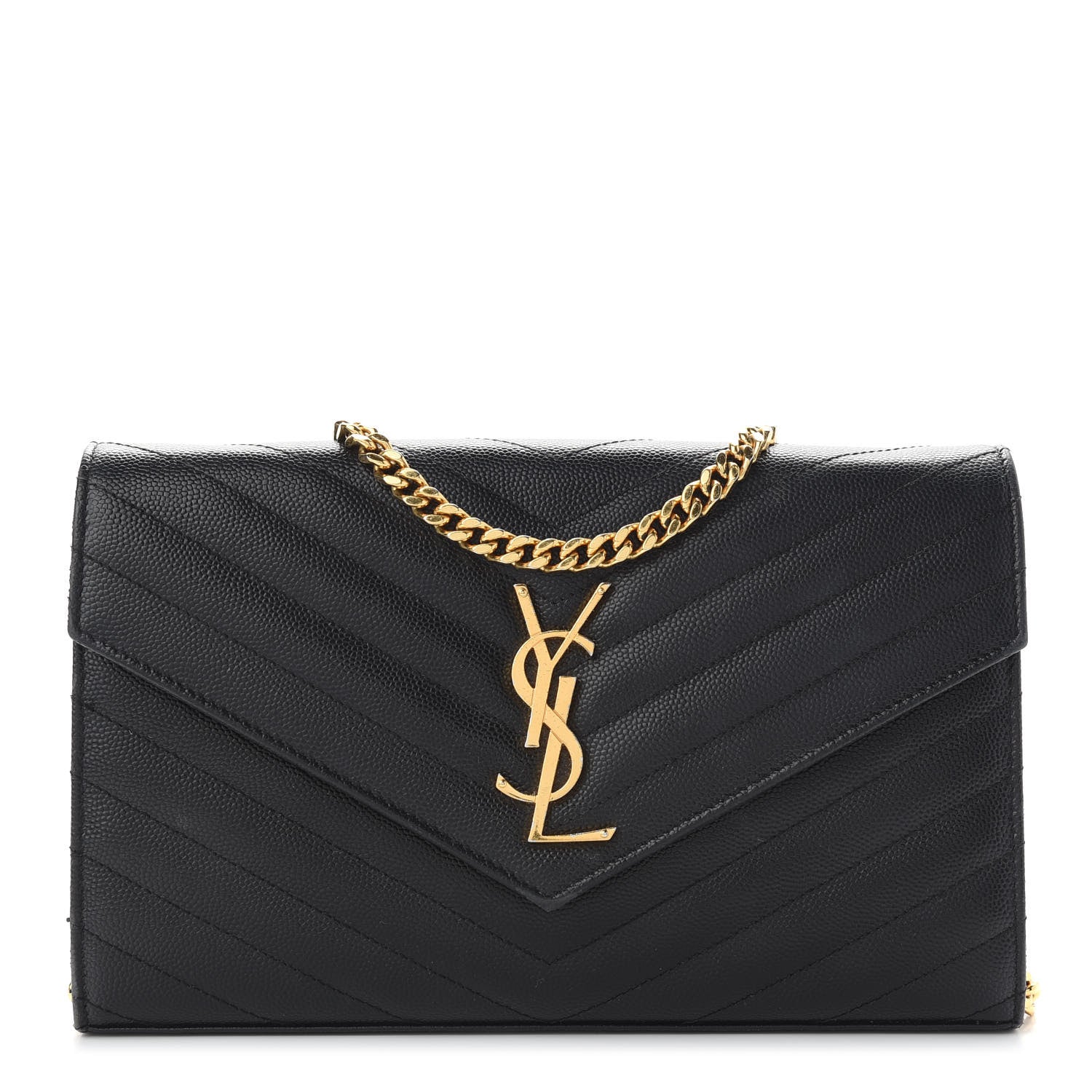 Saint Laurent Grain De Poudre Matelasse Chevron Monogram Chain Wallet Black 1 of 10