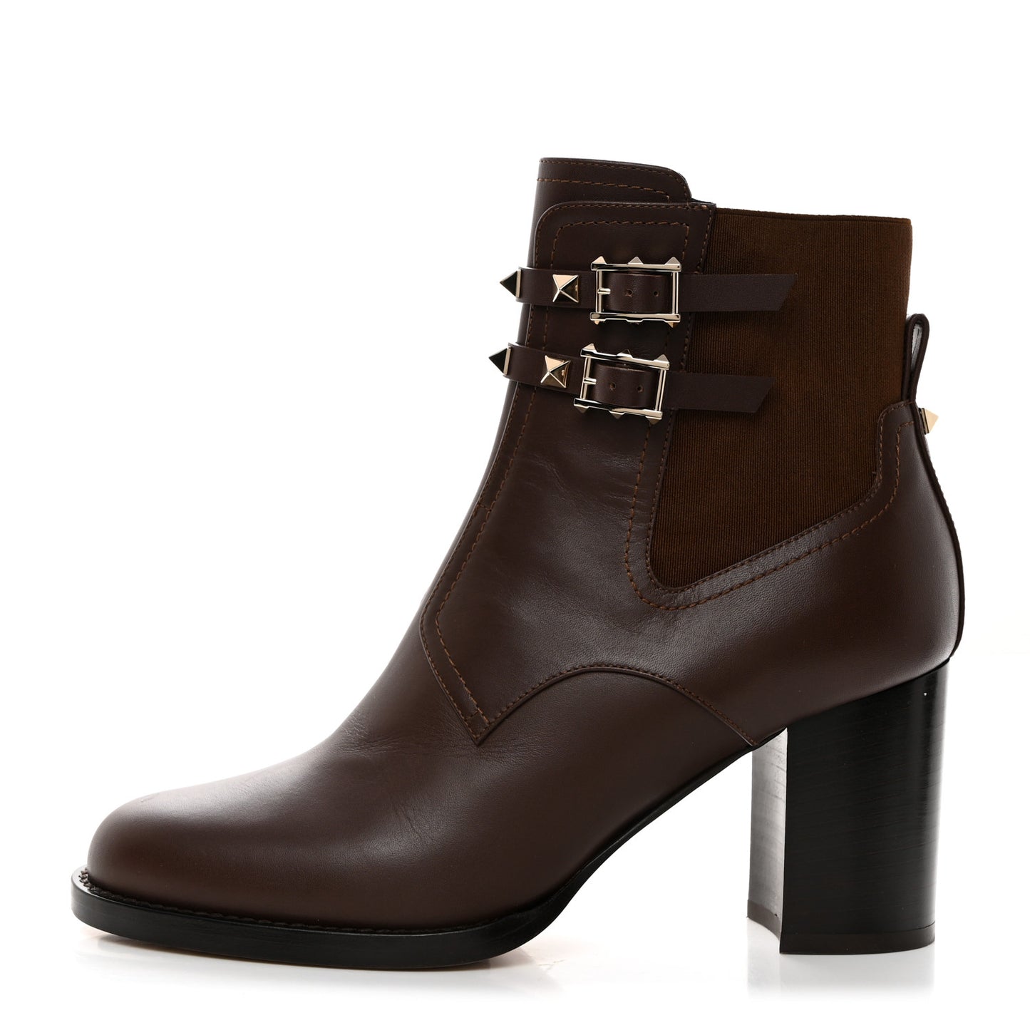 Calfskin Rockstud Double Buckle Beatle Chelsea 70mm Ankle Boots 39 Brown