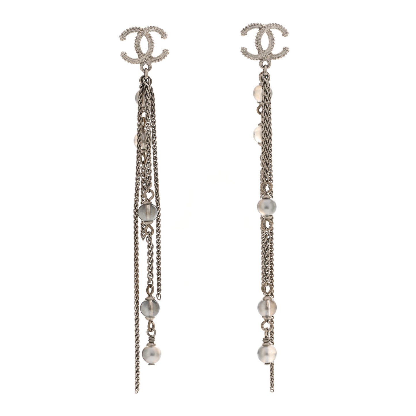 Metal Chain Pearl CC Drop Earrings Silver