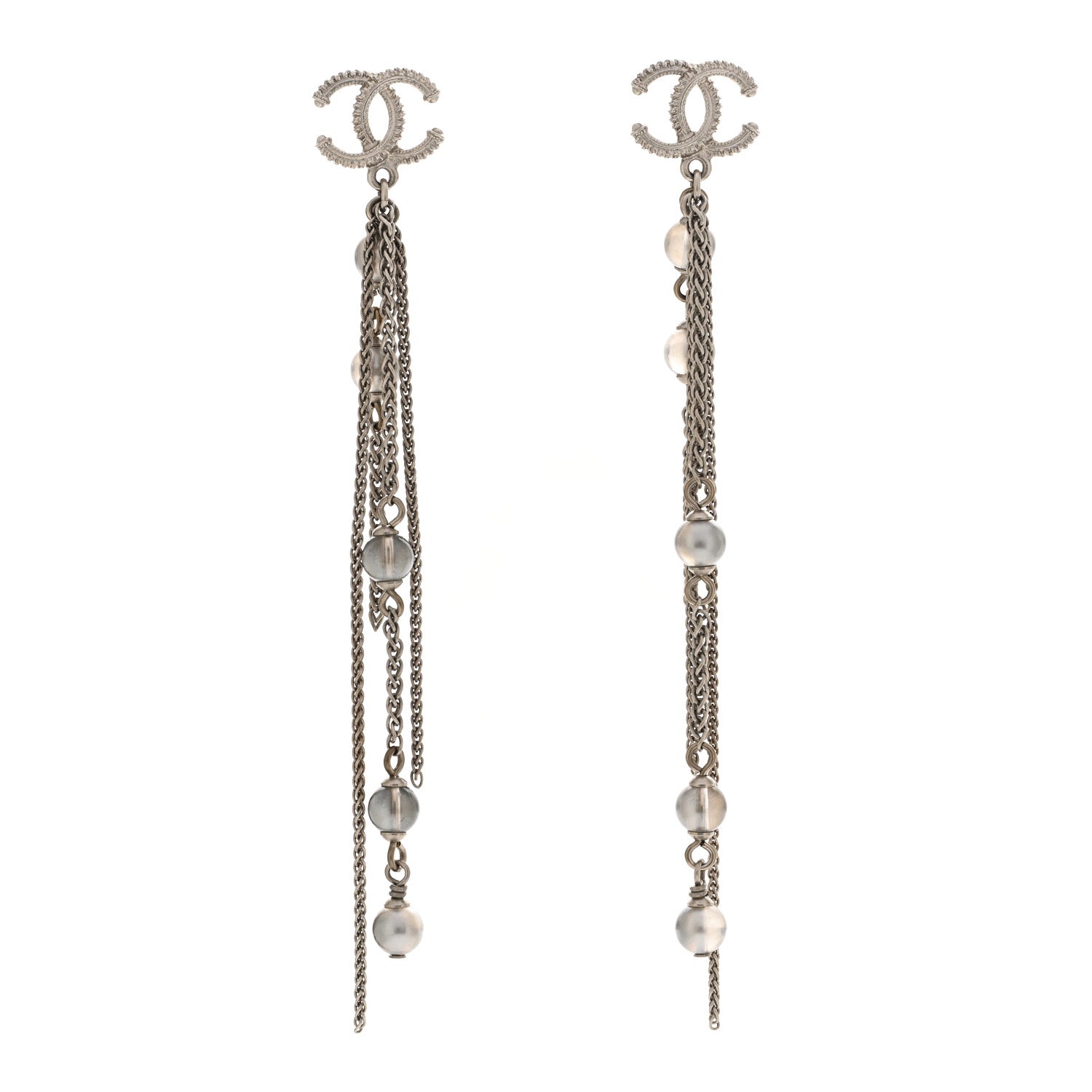 Chanel Metal Chain Pearl CC Drop Earrings Silver 1 of 4