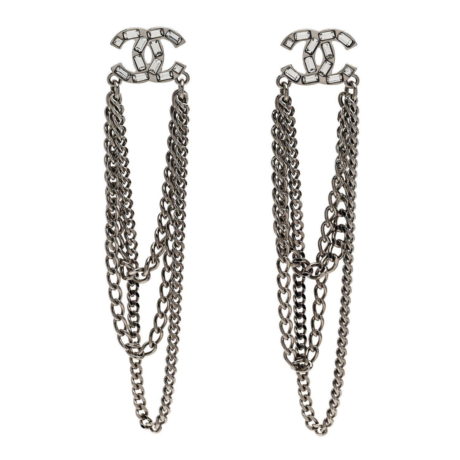 Chanel Crystal Baguette CC Chain Drop Earrings Silver 1 of 5