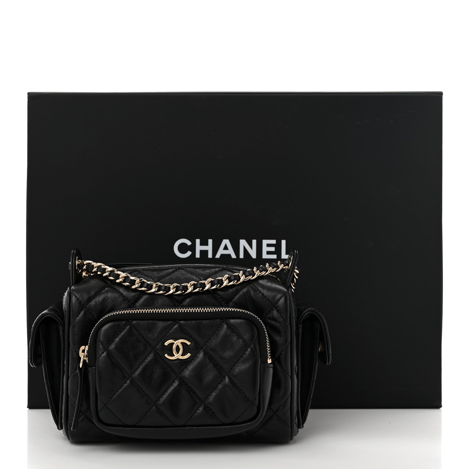 Chanel Shiny Crumpled Lambskin Quilted Small Preppy Pocket Camera Case Black 12 of 12