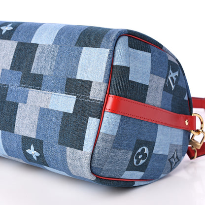 Louis Vuitton Denim Damier Monogram Patchwork Speedy Bandouliere 30 Blue Rouge 6 of 12