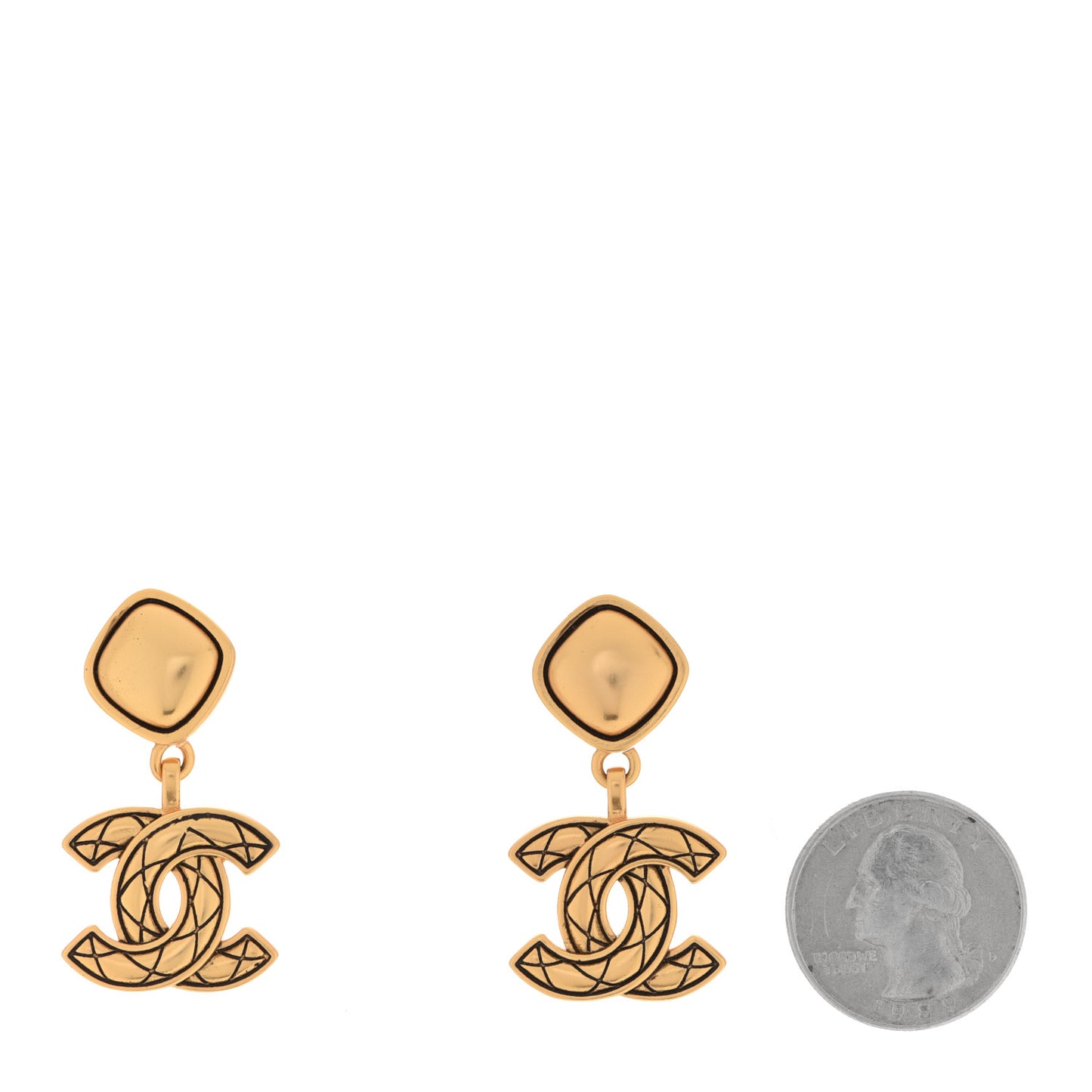 Metal Quilted CC Drop Earrings Gold