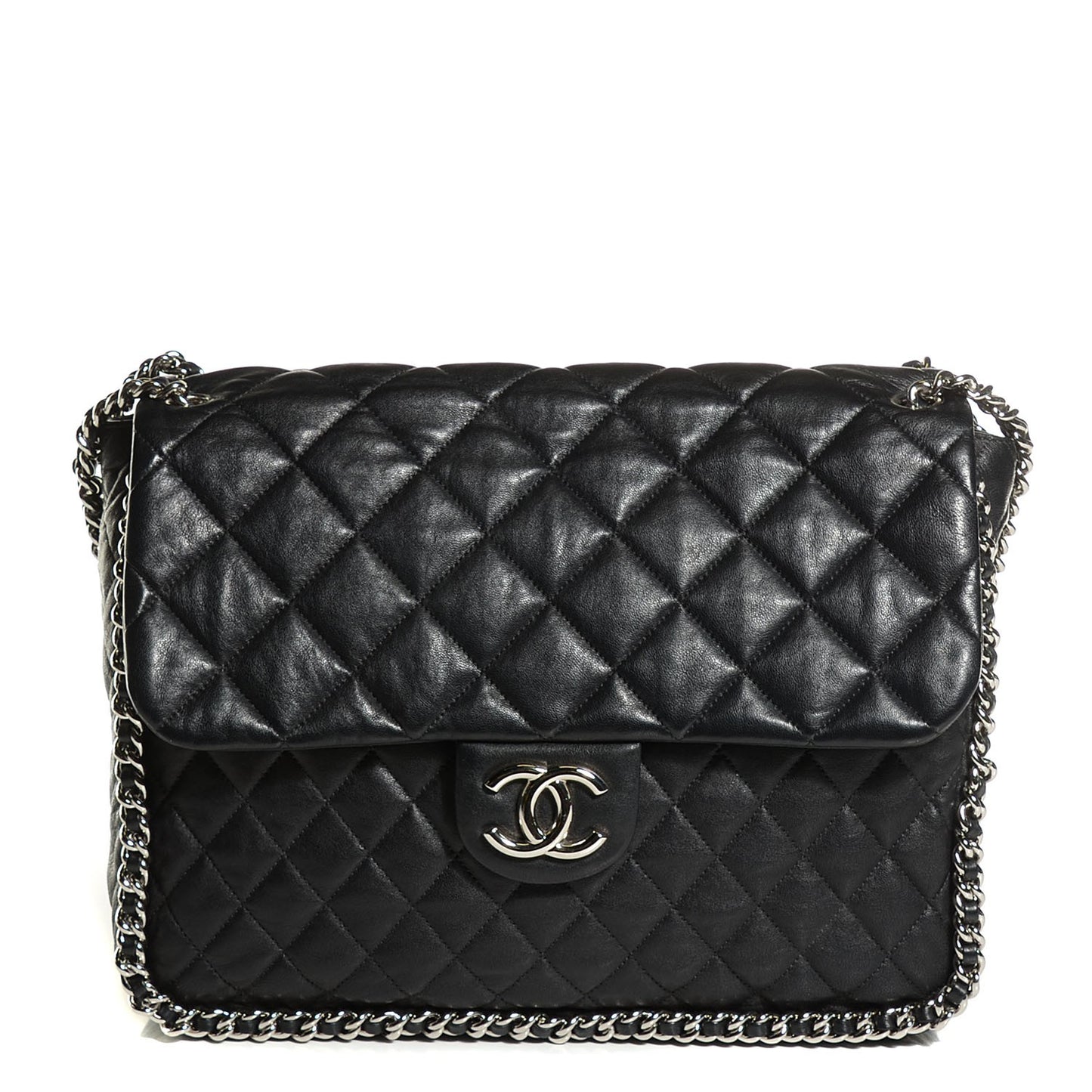Washed Lambskin Quilted Maxi Chain Around Flap Black