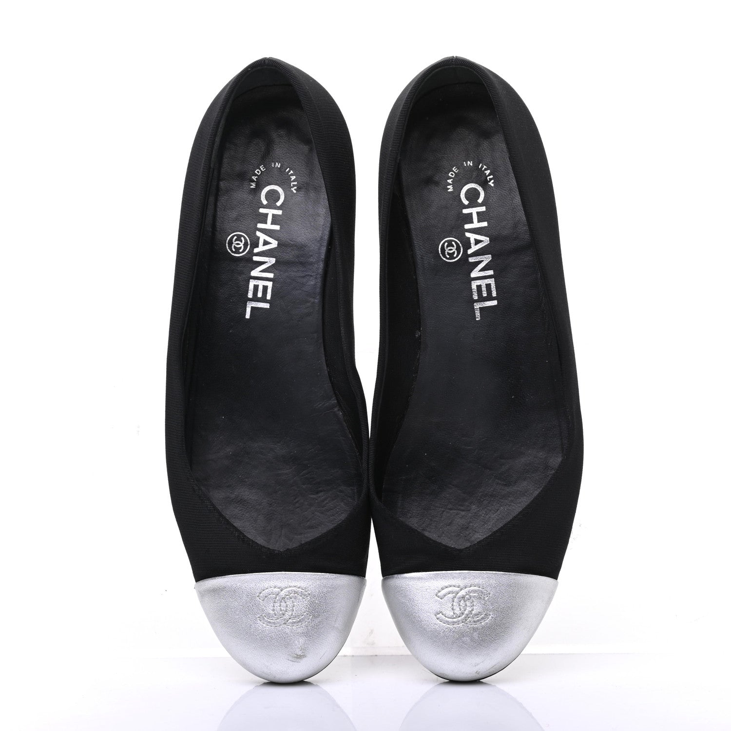Chanel Grosgrain Metallic Lambskin Cap Toe CC Ballerina Flats 37.5 Black Silver 5 of 10