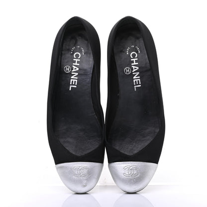 Chanel Grosgrain Metallic Lambskin Cap Toe CC Ballerina Flats 37.5 Black Silver 5 of 10