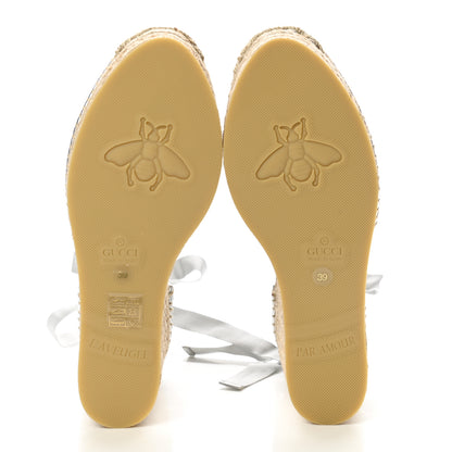 Gucci Lame GG Monogram Ankle Wrap Platform Espadrille Wedges 39 Silver Beige Light Grey 5 of 9