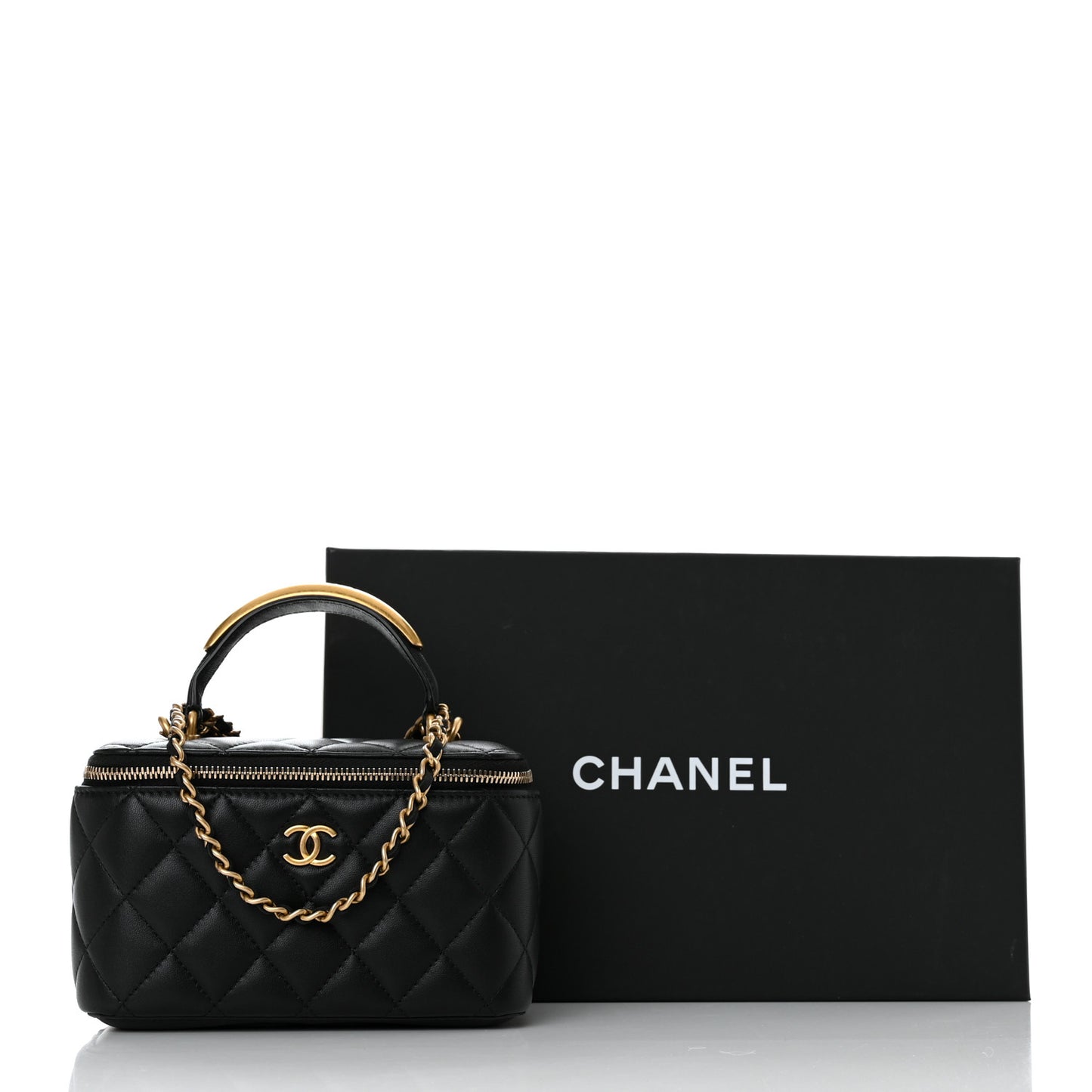 Lambskin Quilted Metal Small Top Handle Vanity Case With Chain Black