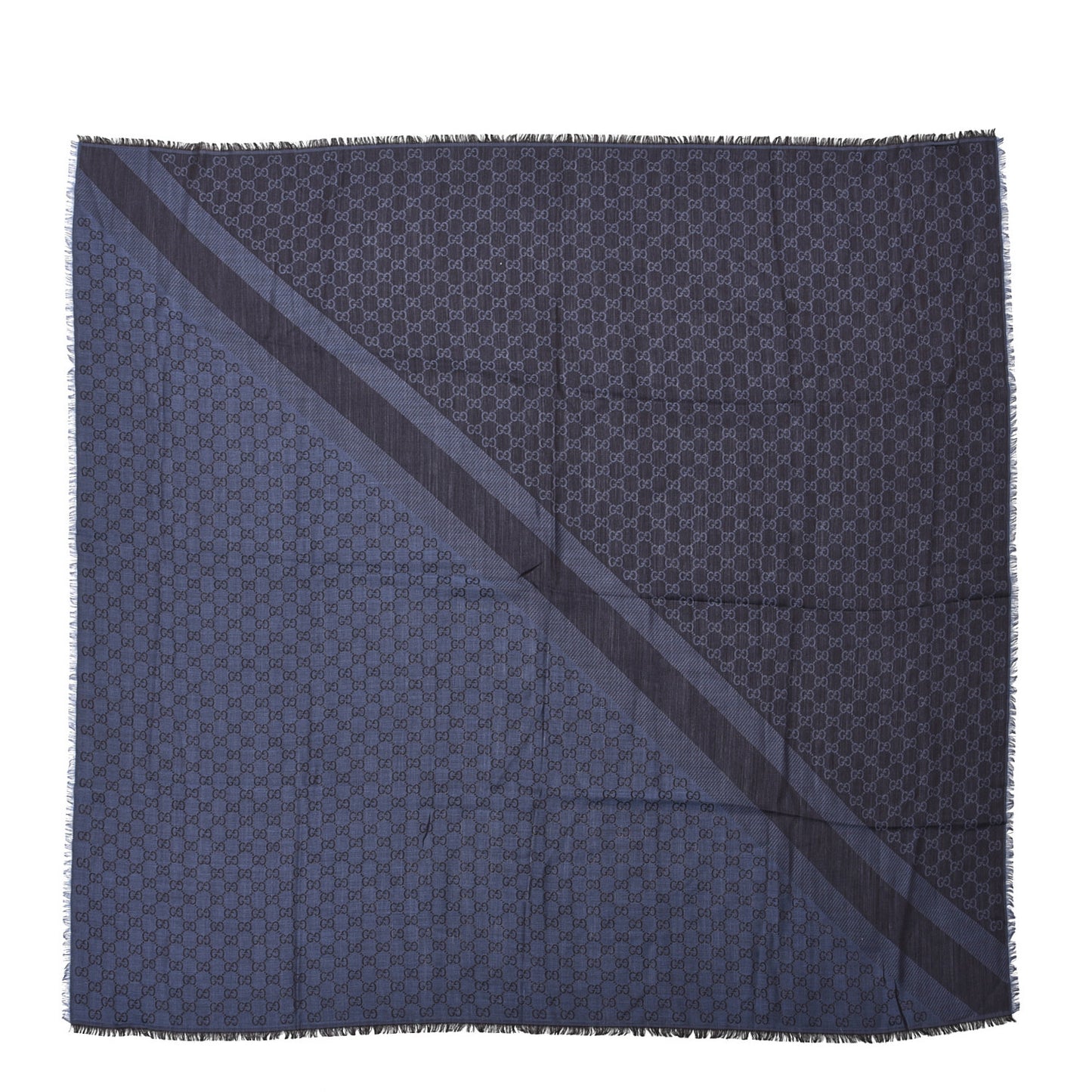 Wool Silk Monogram GGWeb Fringe Shawl Navy Blue