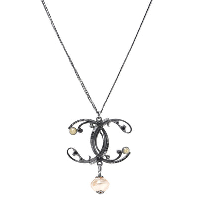 Chanel Pearl Beaded Enamel CC Long Necklace Black Silver 1 of 5