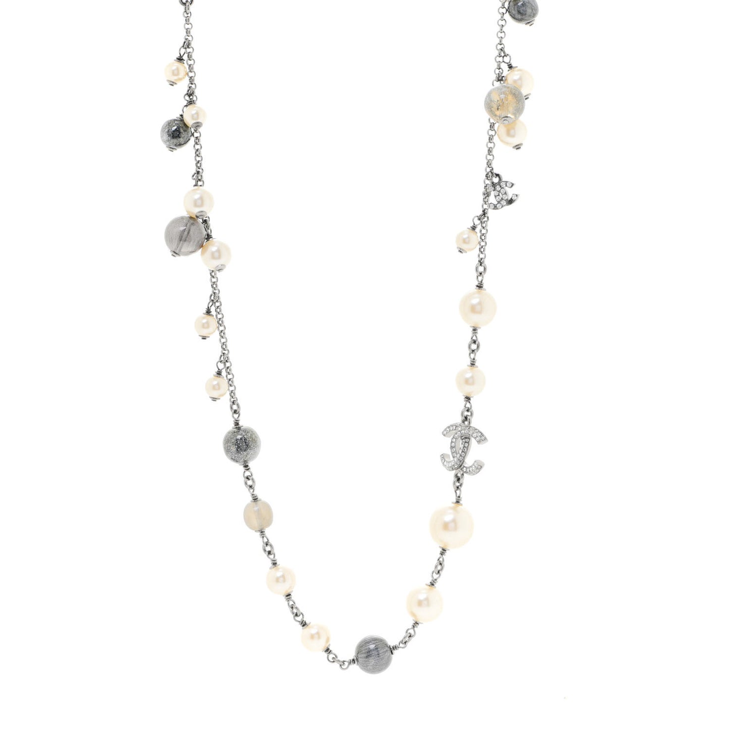 Pearl Beaded Enamel CC Coco Long Necklace Silver