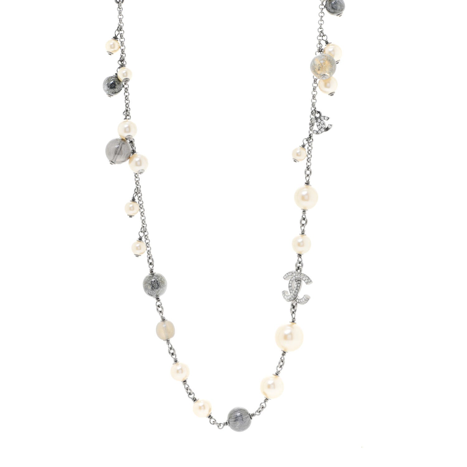 Chanel Pearl Beaded Enamel CC Coco Long Necklace Silver 1 of 6