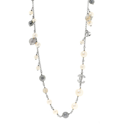 Chanel Pearl Beaded Enamel CC Coco Long Necklace Silver 1 of 6