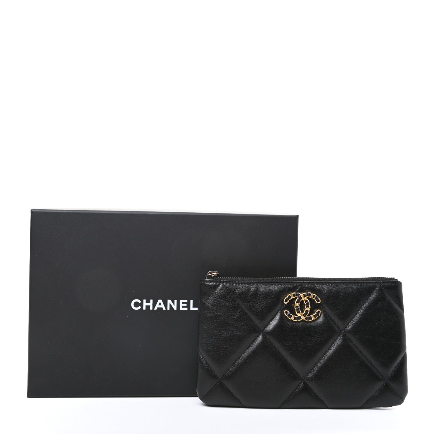 Shiny Goatskin Quilted Small Chanel 19 Pouch Black