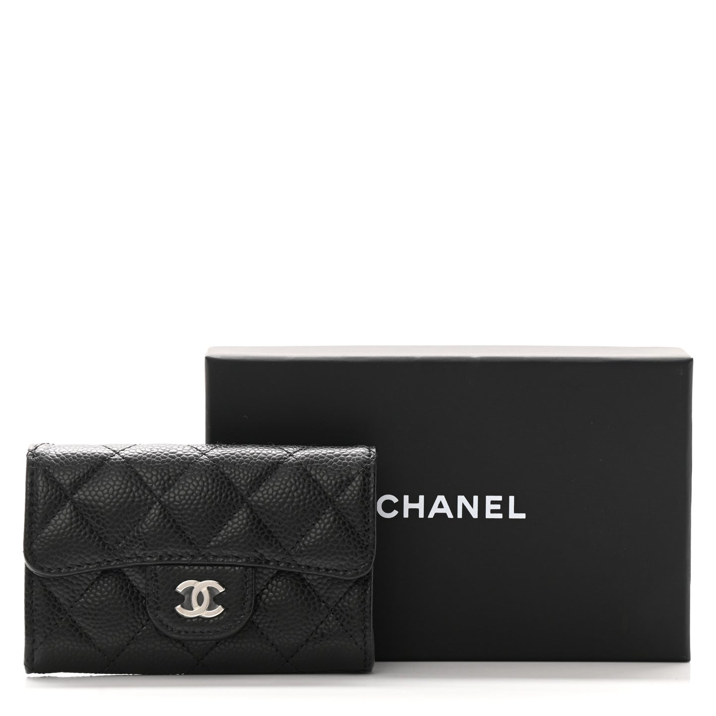 Caviar Quilted Flap Card Holder Wallet Black