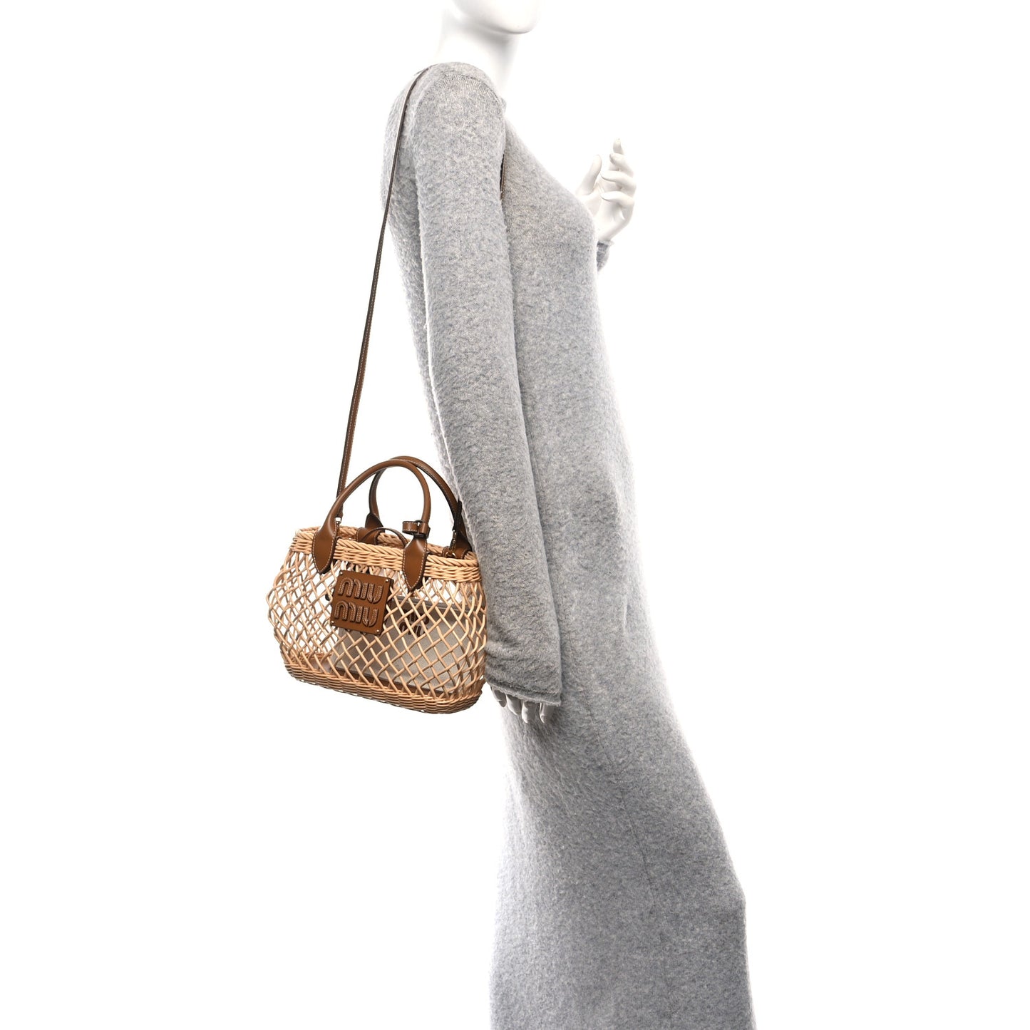 Woven Fabric Calfskin Logo Basket Bag Naturale Caramel