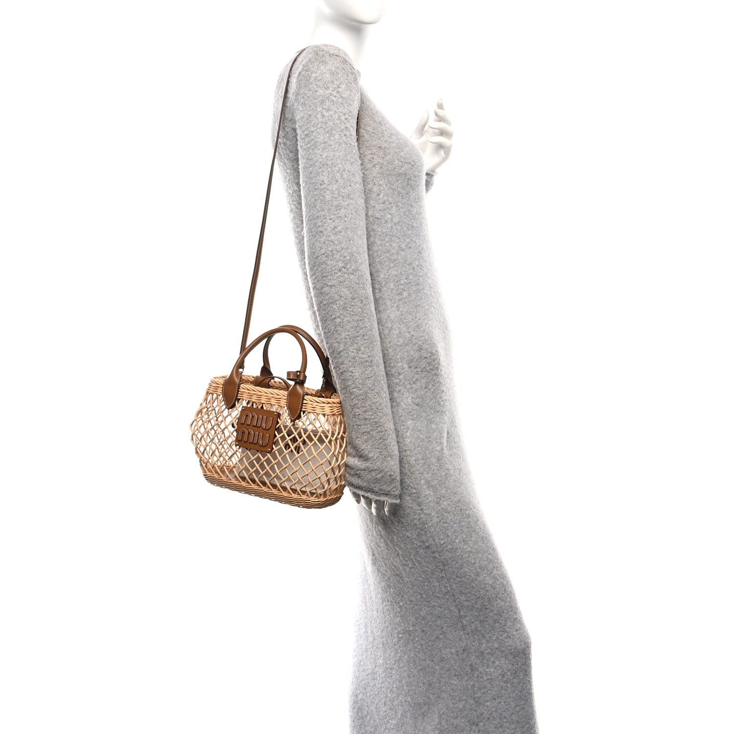 Miu Miu Woven Fabric Calfskin Logo Basket Bag Naturale Caramel 2 of 10
