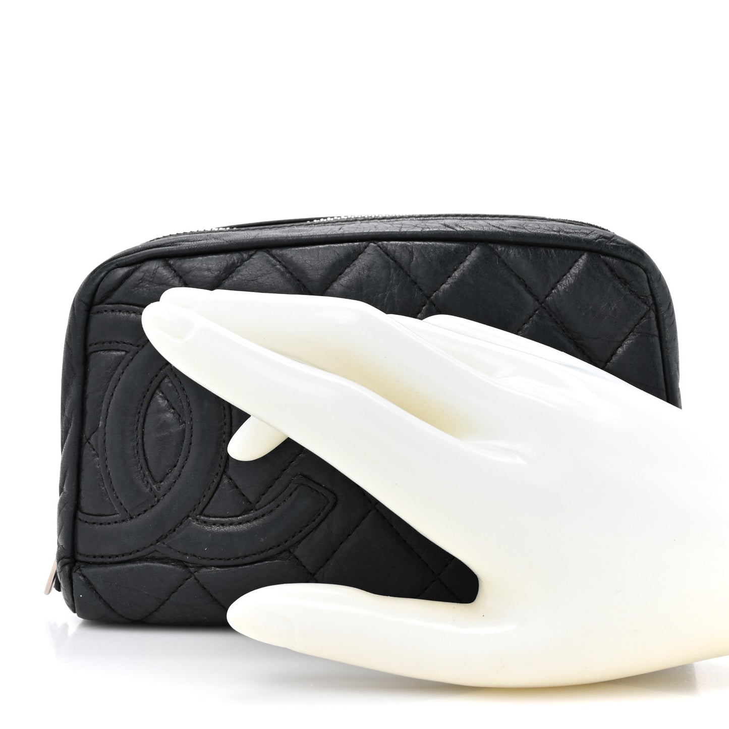 Aged Calfskin Quilted Cambon Cosmetic Case Argent Clair