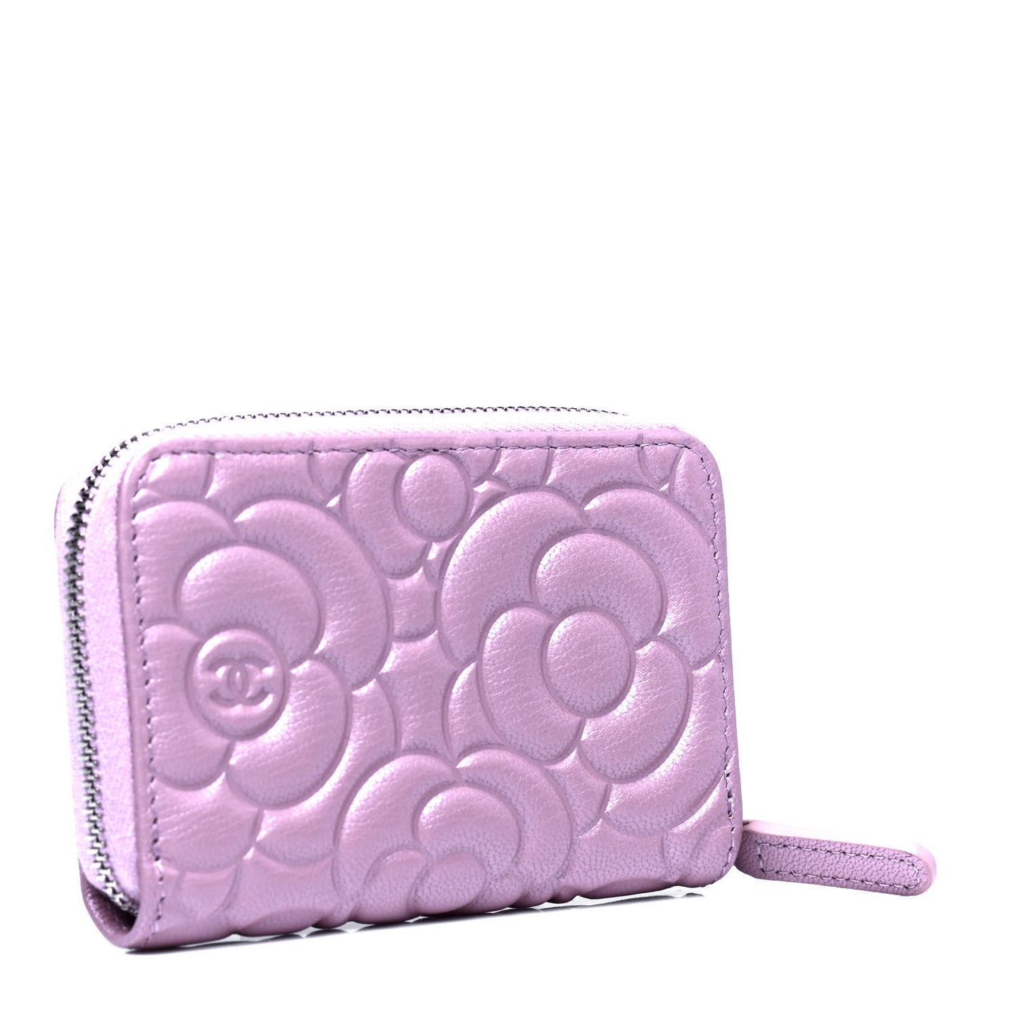 Goatskin Camellia Embossed Zip Coin Purse Light Pink
