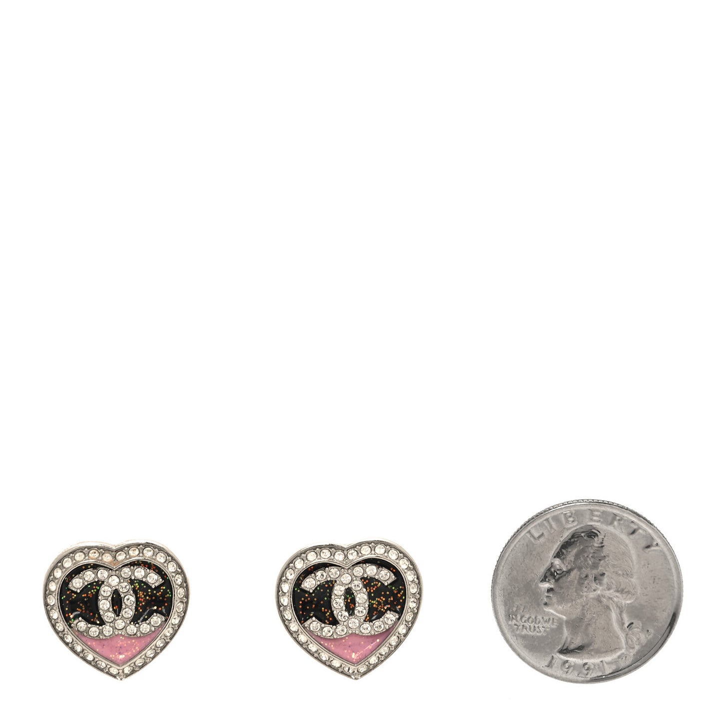 Resin Crystal Glitter CC Heart Stud Earrings Silver Black Pink