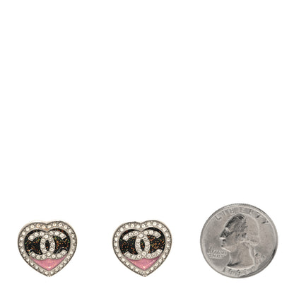 Chanel Resin Crystal Glitter CC Heart Stud Earrings Silver Black Pink 2 of 4