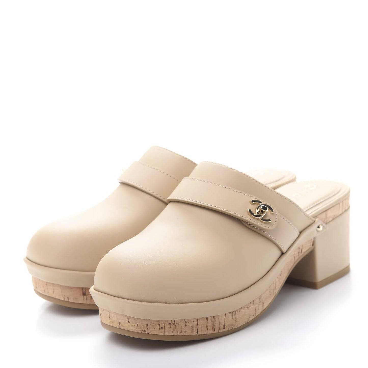 Calfskin CC Turn Lock Clogs 37 Beige