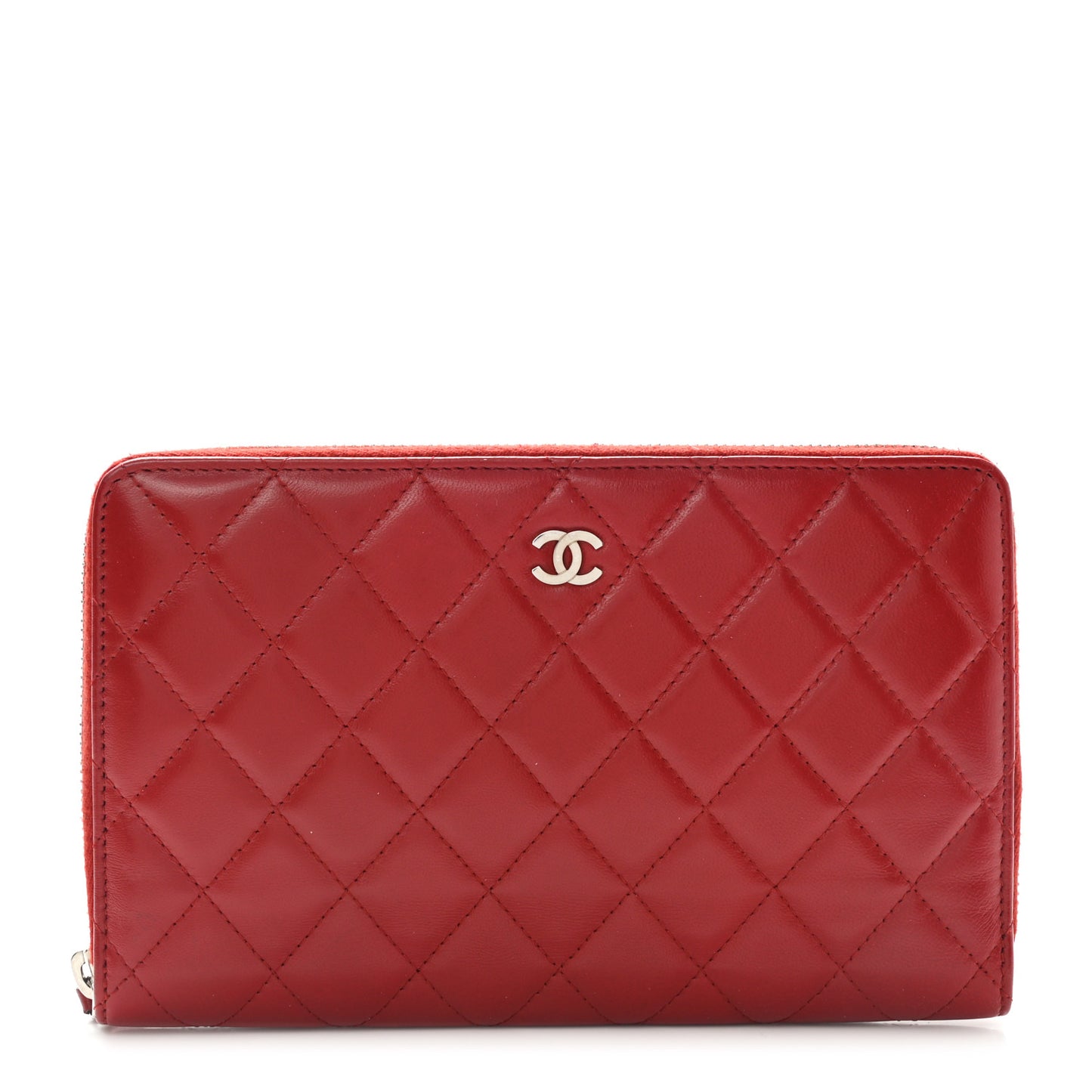 Lambskin Quilted Large Zip Around Organizer Wallet Red