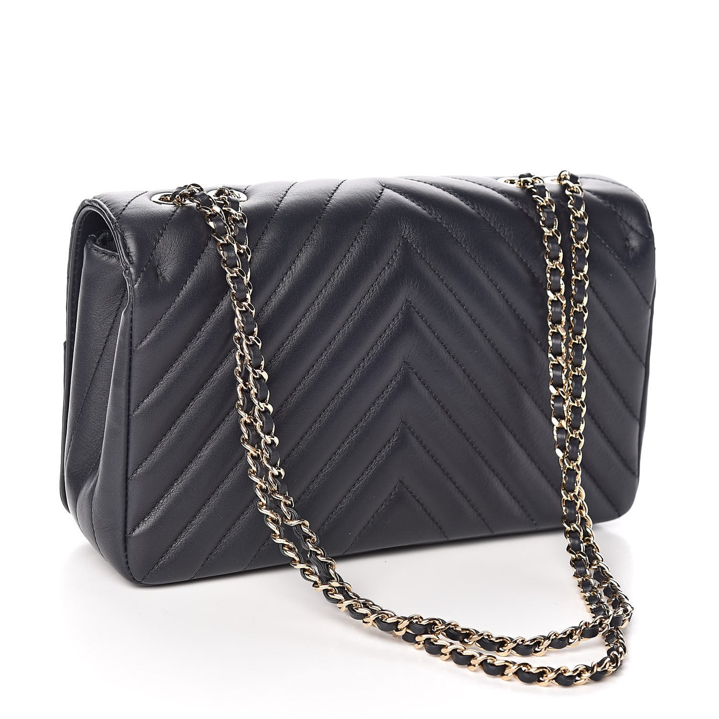 Calfskin Chevron Quilted Statement Flap Navy Blue