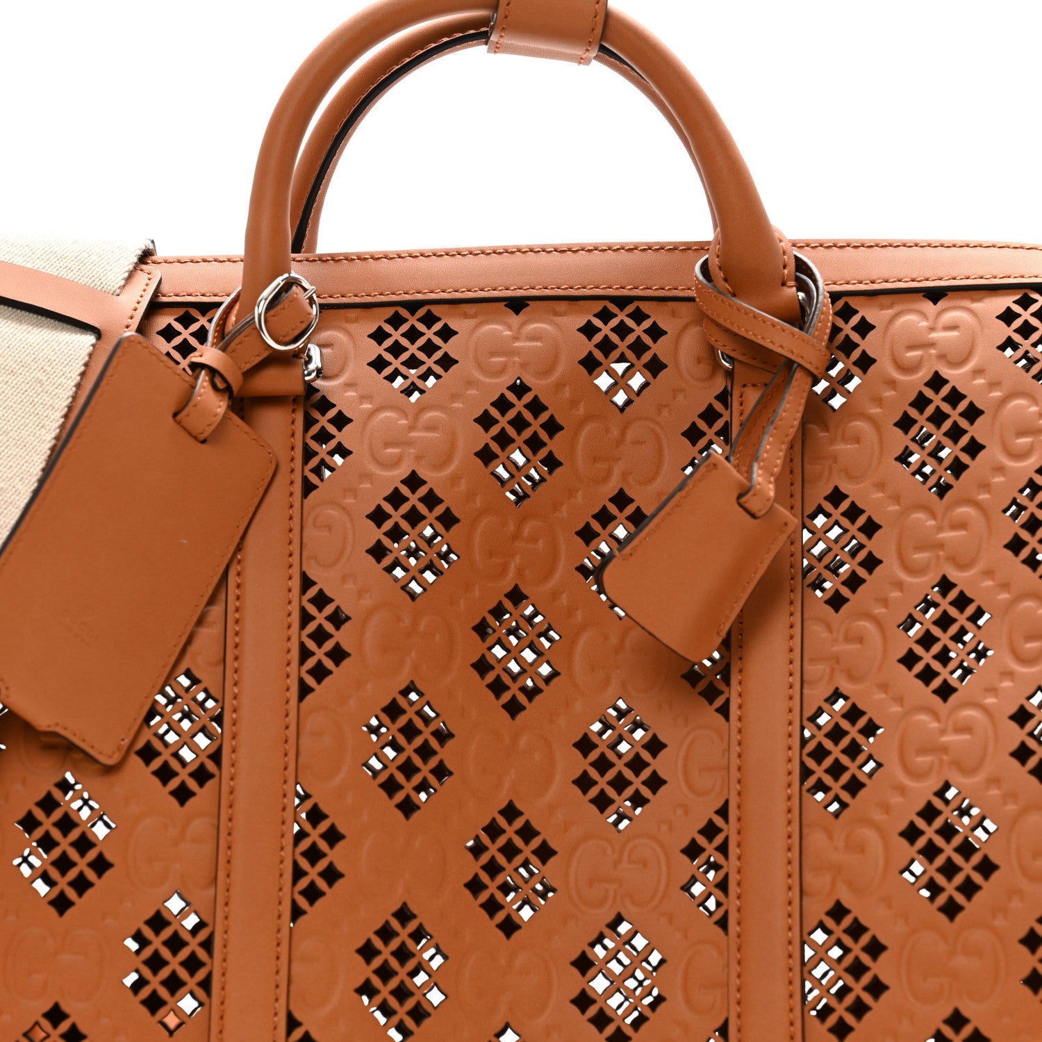 Gucci Calfskin Cut Out GG Embossed Medium Duffle Bag Harness Brown 6 of 9